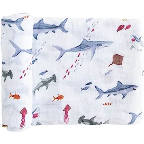 Little Unicorn – Shark Cotton Muslin Swaddle Blanket | Single | 100% Cotton | Super Soft | Newborns and Infants | Large 47” x 47” | Machine Washable