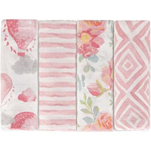 Featherhead™ 4-Pack 100% Cotton Muslin Swaddle Blankets for Baby Girl - Large 47”x 47” - Pre-Washed, Soft, & Breathable - Newborn Essential & Perfect Baby Registry Gift (Garden Floral)
