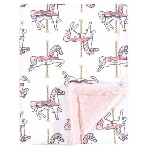 Hudson Baby Infant Girl Plush Blanket with Furry Binding and Back, Carousel Horse, One Size