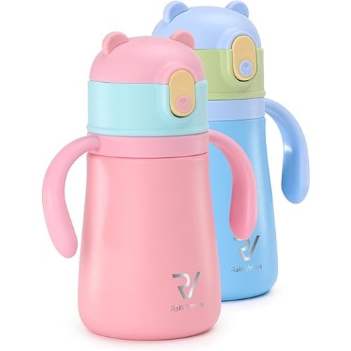 12oz Kids Water Bottle Double-wall Vacuum Insulated Kids Water Bottle with Hygiene Silicone Straw Blowout-proof Lid Insulated Kids Cup Non BPA Durable Water Bottle Stainless Steel, Blue