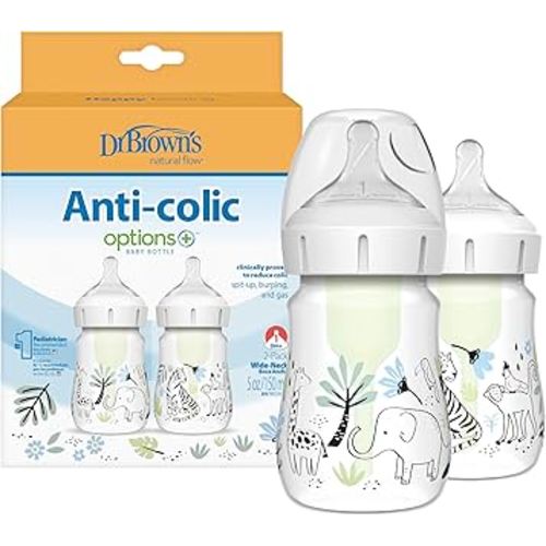 Dr. Brown’s Natural Flow® Anti-Colic Options+™ Wide-Neck Baby Bottle Designer Edition Bottles, Jungle Decos, 5 oz/150 mL, Level 1 Nipple, 2-Pack, 0m+