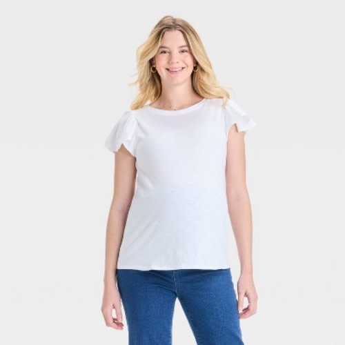 Flutter Short Sleeve Maternity T-Shirt - Isabel Maternity by Ingrid & Isabel™ White XXL: Cotton Knit Crew Neck Pullover, Solid Pattern