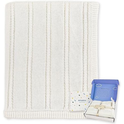 Baby Blanket – Cable Knit Cotton Swaddle for Newborns, Neutral Receiving Blanket for Boys & Girls, Crib or Stroller, Nursery Essentials, 31×40 Inch, with Gift Box (White)