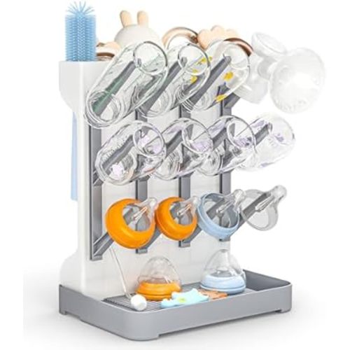 GoMaihe Baby Bottle Drying Rack: Space Saving Vertical Bottle Dryer Holder - Baby Accessories Storage Stand Organize Brushes Pacifiers on Countertop - BPA-Free - Gray