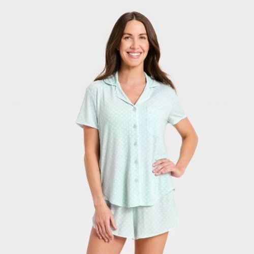 Women's Short Sleeve Notch Collar Shirt and Shorts Pajama Set - Auden™ Mint L