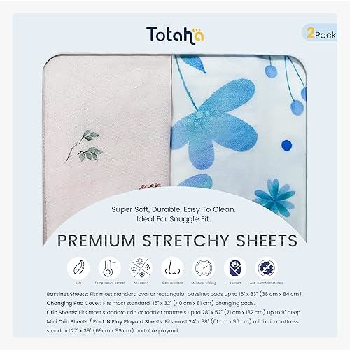 TotAha Premium Stretchy Changing Pad Covers (2-Pack) (Blue Flower & Small Floral)