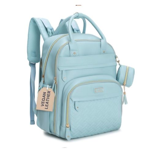 BabbleRoo Leather Diaper Bag Backpack - Baby Essentials Travel Baby Bag, Multi function, Water Resistant, with Changing Pad, Stroller Straps & Pacifier Case – Unisex, Powder Blue