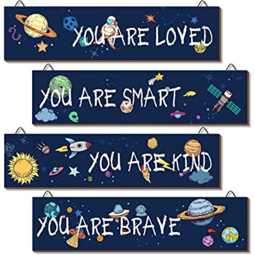 4 Pieces Boys Room Décor, Kids Outer Space Room Wall Décor, Children Bedroom Wall Décor, Space Themed Bedroom Décor, 11.8 * 3 inches