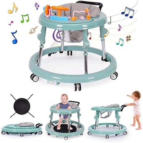 Music and Lights Baby Walker Foldable with 9 Adjustable Heights, Baby Walker with Wheels Portable, Baby Walkers and Activity Center for Boys Girls Babies 7-18 Months (New-Green)