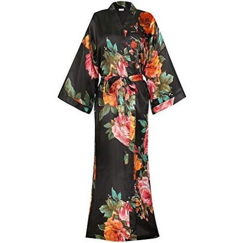 goodmansam Women's Long Floral Satin Kimono Robes Bridal Dressing Gown Wedding Bridesmaid Nightgown