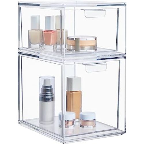 STORi Audrey Stackable Clear Bin Plastic Organizer Drawers | 2 Piece Set |  Organize Cosmetics and Beauty Supplies on a Vanity | Made in USA