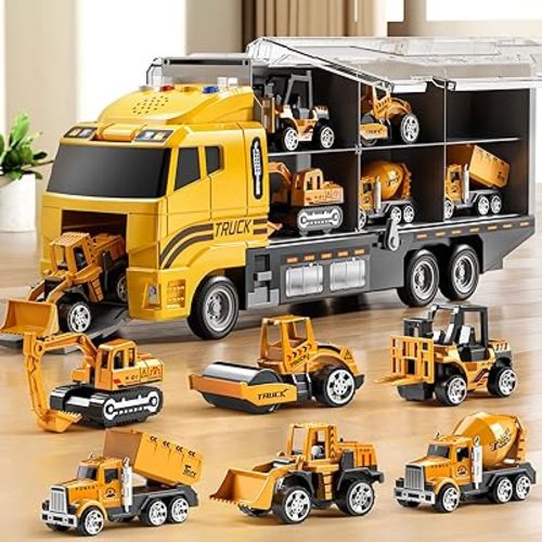 Toddler Boys Construction Truck Vehicle Toy Set with Play Mat, Die-Cast Toy Car Carrier Truck for Kids, Birthday Gifts Toys for 3-8 Year Old Boys