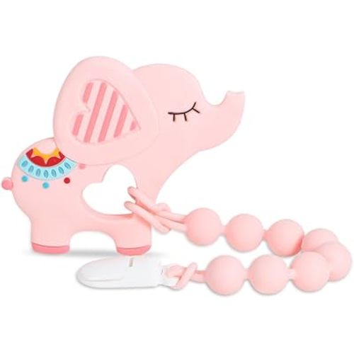 Baby Teething Toys,Food Grade Silicone Teether with One-Piece Pacifier Clip Holder,Shower Gift,Highly Effective Pain Relief for 3 Months+ Boy and Girl,BPA Free,Freezer Safe. (Pink Elephant)