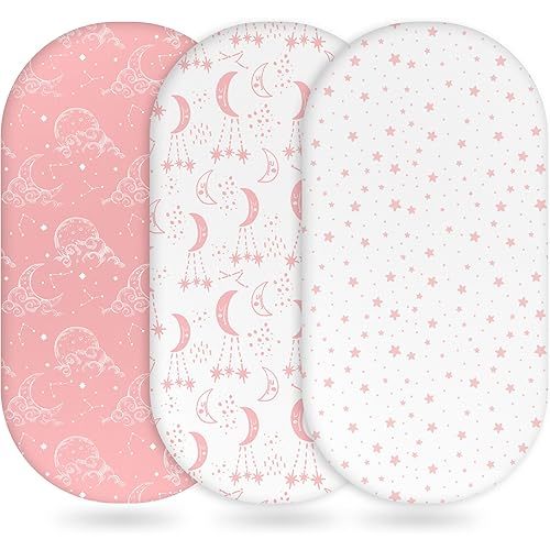 Baby Bassinet Sheets Girl Boy, Fitted Bassinet Sheet Set 3 Pack Bassinet Mattress Sheets Universal Fit for Rectangle, Round, Oval, Hourglass Mattress, Soft Breathable Pink White Moon