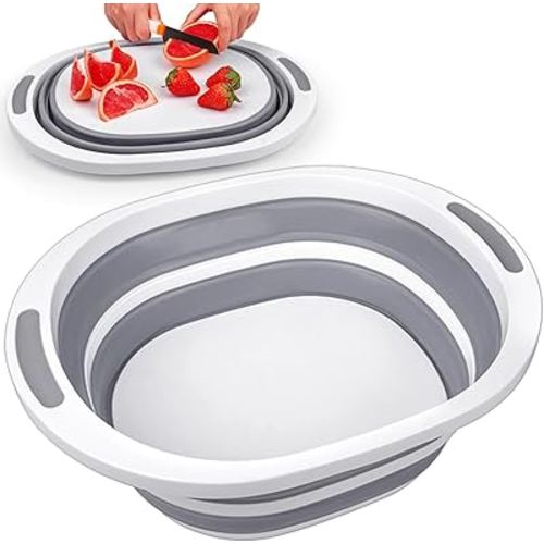 Collapsible Wash Basin, 7.5L Dish Tub Sink Basin Folding Dish Pans for Kitchen Sink, 2-in-1 Dishpan + Cutting Board, Portable Sink Dish Basin for Camping BBQ Prep Tub Washing Bin Bucket for Cleaning