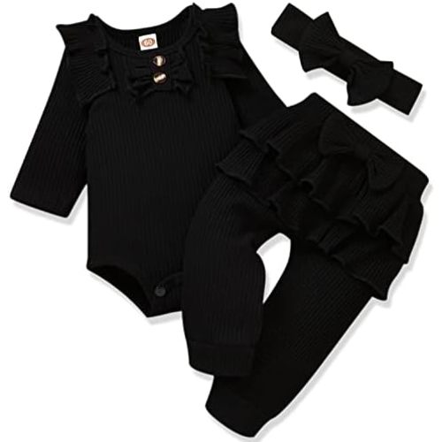 Aalizzwell Preemie Newborn Infant Baby Girls Clothes Ribbed Bodysuit Pants Set Fall Winter Outfits