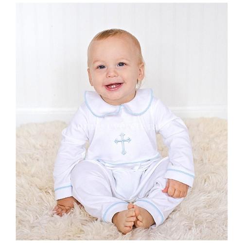 Luke Baptism Outfit-White w Blue Trim-Baby Boy Baptism Outfit-Baby Boy Christening-Pima Cotton baby-Baby Boy Blessing Outfit-Boy Baptism