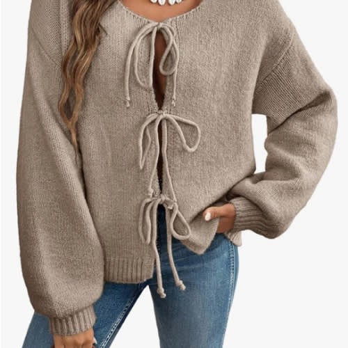 WDIRARA Women's Tie Front Crewneck Knit Cardigan Long Sleeve Drop Shoulder Sweater