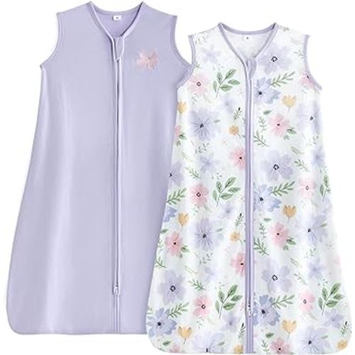 TILLYOU Sleep Sack 6-12 Months - 0.5 TOG Baby Wearable Blanket with 2-Way Zipper, Lightweight Cotton Summer Sleeping sack 2 Pack, Brilliant little flowers and purple