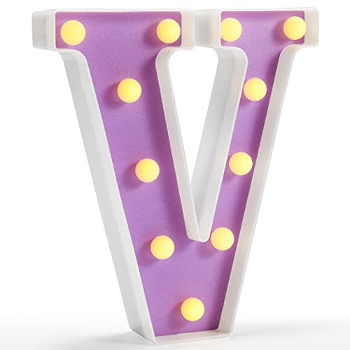 Pooqla LED Letter Lights, Purple Light Up Alphabet Sign, Colorful DIY Marquee Night Light with Warm White LED, Home Party Birthday Wedding Bar Decoration, Purple Letter V