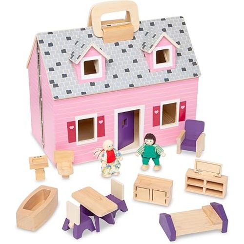 Melissa & Doug Fold and Go Wooden Dollhouse with 2 Dolls and Wooden Furniture,Multi,One Size