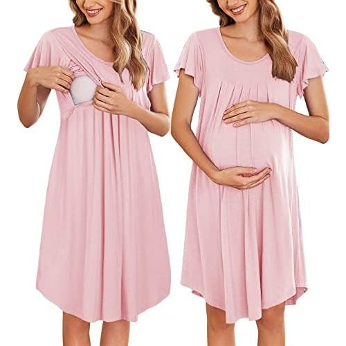 Ekouaer Nursing Nightown Labor and Delivery Gown for Hospital Pleated Breastfeeding Dress Short Sleeve Maternity Sleepwear