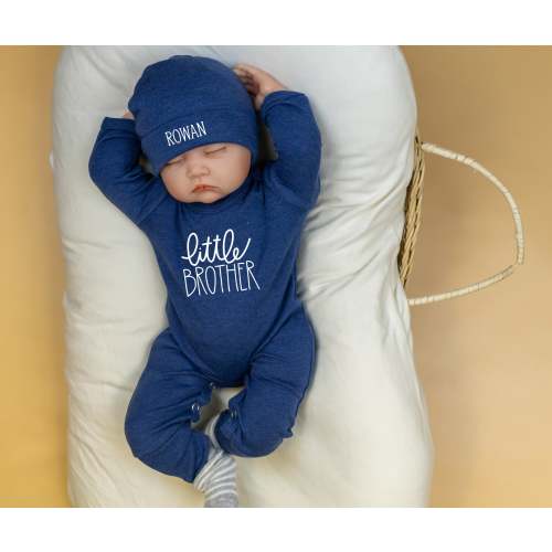 Little Brother Coming Home Outfit, Navy Denim Blue Romper with Personalized Name Hat, Take home outfit, Personalized, Newborn Boy, Baby Boy