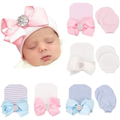 BQUBO Newborn Baby Caps Mittens for Baby Girls Set Hospital Hat Beanie Infant Hats with bow Baby Scratch Mitten Gloves