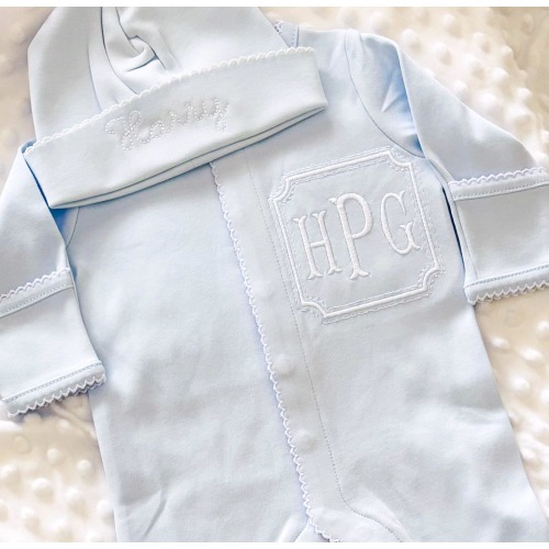Blue Newborn Outfit Coming Home Baby Boy Hospital Clothes Personalized Monogram Set Matching Hat Custom Embroidery Baby Sleepers