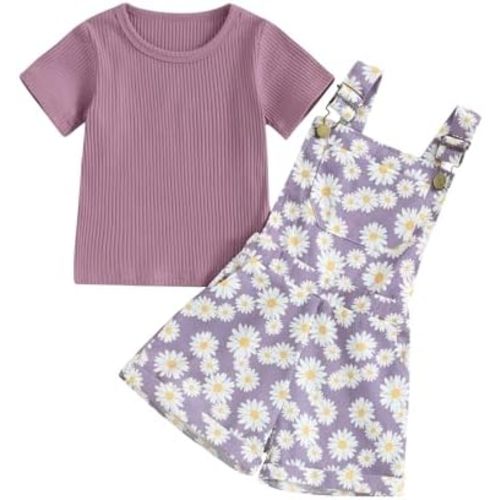 Toddler Baby Girls Summer Outfit Short Sleeve Ribbed Tops + Flower Suspender Overalls Shorts Set Kids Cute Clothes