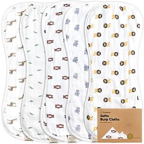 5-Pack Muslin Burp Cloths for Baby Boys and Girls - Super Absorbent Baby Burp Cloth, Viscose Derived from Bamboo Cotton Baby Washcloths, Burp Rags, Large Neutral Burp Clothes for Newborn(The Wild)