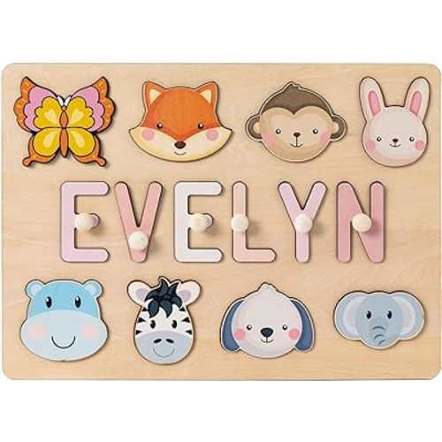 Name Puzzle for Kids Personalized Baby Gifts Wooden Easter Toys for Toddlers 1-3 with Pegs Engraved Text Greetings on Back Educational Toys for Baby Boy & Girl Learning Toys for 1 Year Old
