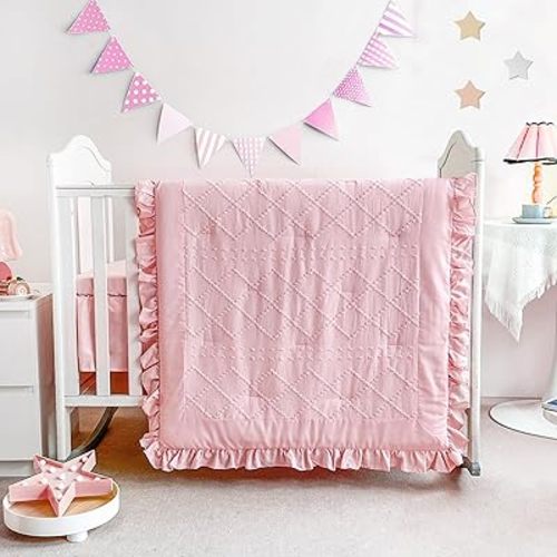 Boho Mini Crib Bedding Set for Girls, 3 Piece Tufted Jacquard Ruffle Fringe Baby Girl Crib Bedding Set Newborn, Infant & Nursery with Comforter, Crib Fitted Sheet and Crib Skirt, Pink