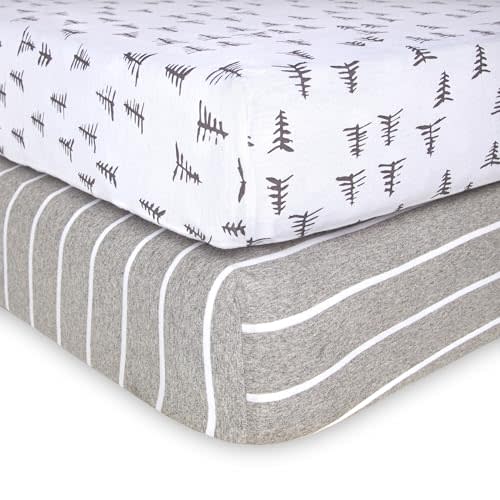 Burt's Bees Baby Fitted Crib Sheet Organic Cotton BEESNUG - Pine Forest and Stripe Prints, Fits Unisex Standard Bed and Toddler Mattress, Infant Essentials, 52 x 28 Inch 2-Packs