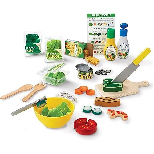 Melissa & Doug Slice and Toss Salad Play Set – 52 Wooden and Felt Pieces , Green - Pretend Food, Kitchen Accessories For Kids Ages 3+
