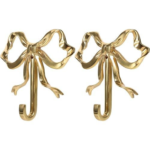 LOGOFUN 2pcs Bow Hook Bowknot Hook Bow Hooks for Wall Bowknot Brass Hook Gold Wall Hook for Hanging Coat Hat Towel - Small(2.76X2.36X0.79in)