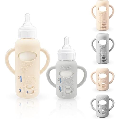4-Pack Silicone Sleeves for Dr. Brown's Glass Baby Bottles, BPA-Free Drop-Resistant Baby Bottle Sleeves with Handles, Compatible with Dr Brown's Anti-Colic Narrow Glass Baby Bottles (4 & 8 oz)