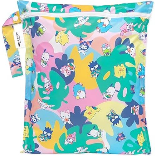 Bumkins Waterproof Wet Bag for Baby, Travel, Swim Suit, Cloth Diapers, Pump Parts, Pool, Gym Clothes, Toiletry, Strap to Stroller, Daycare, Zipper Bag, Wetdry Packing, Hello Kitty and Friends