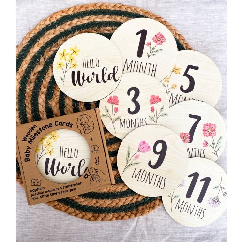 Baby Girl Milestone Cards Floral Baby Wooden Circles - Neutral Newborn Gift Monthly Discs Hello World Milestone Pregnancy Wooden Milestone