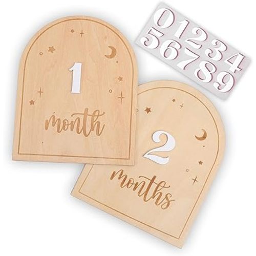 Wooden Starry Night Interchangeable Milestone Cards Set - My First Year Milestones Sign, Baby Monthly Star Milestone Marker, Boho Monthly Milestones Photo Props For Boy/Girl, Stars And Moon Decor For