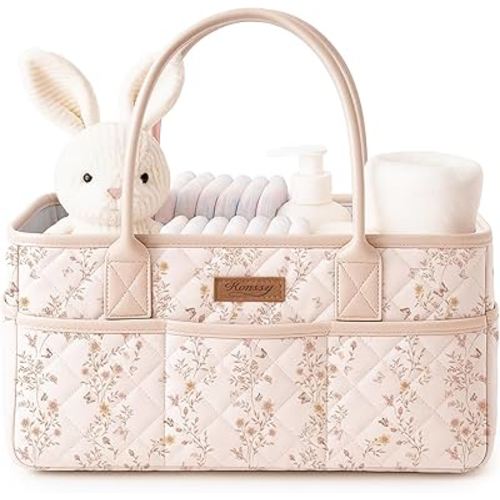 Konssy Floral Quilted Diaper Caddy Organizer, Diaper Caddy Basket with PU Leather Handles, Water-Repellent Nursery Storage Basket, Portable Car Organizer, Registry Search Must Haves (Floral)