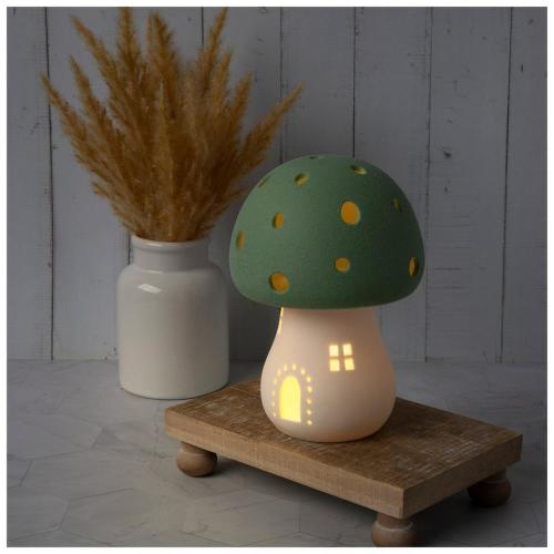 Green Lamp; White Light Up Mushroom House