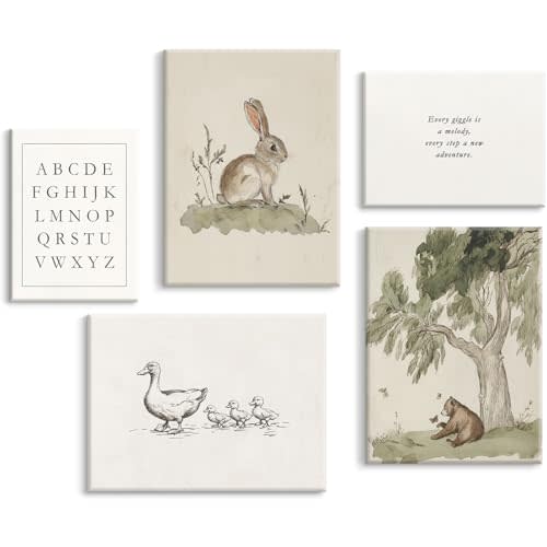 Vintage Nursery Wall Art Kids Canvas Prints Baby Boys Wall Decor Animal Pictures Bunny Poster Neutral Children Prints Duck Painting Woodland Bear Artwork for Farmhouse Bedroom 12x16 Inch Ready to Hang
