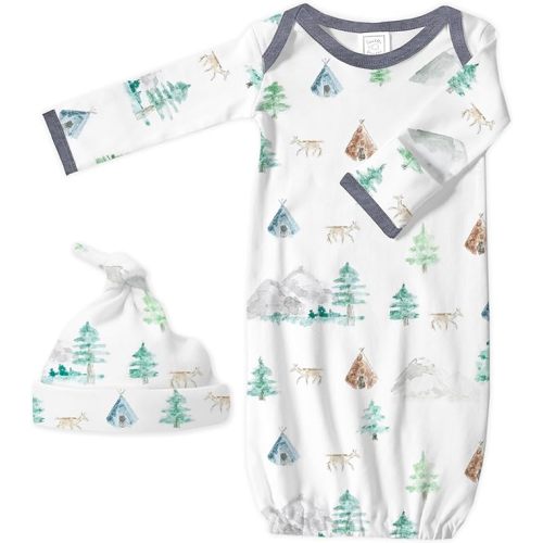SwaddleDesigns Softest Cotton Baby Pajama Gown with Foldover Mitten Cuffs for Infant Boy and Girl, Newborn, 0-3 Months - Denim Mountains & Trees Set - Newborn 0-3 Month