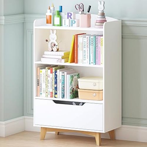 UTEX Kids Bookshelf, Children Bookcases with Storage and Drawer, Wood Kids Toy Storage Organizer for Playroom, Nursery School, White