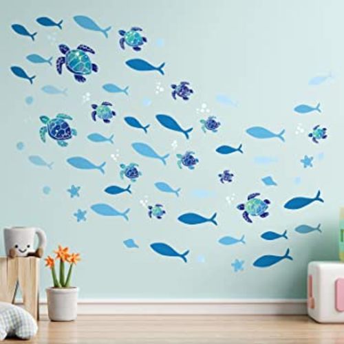 2 Sets Vinyl Sea Turtles Wall Stickers Ocean Wall Decals Ocean Bubbles Stickers DIY Under The Sea Party Decorations for Bathroom Toilet Bedroom Nursery Room Children Room Living Room
