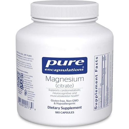 Pure Encapsulations Magnesium (Citrate) - Supplement for Sleep, Heart Health, Cognitive Health, Bone Health, Energy, Muscles, and Metabolism* - with Premium Magnesium - 180 Capsules