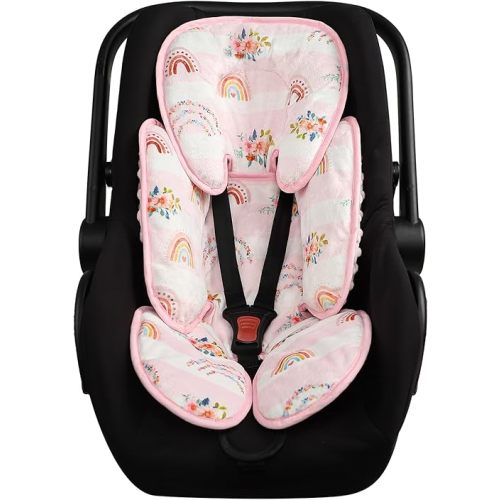 Infant Car Seat Insert Pea Pod 2-in-1 Baby Car Seat Head & Body Support for Newborn Girl Reversible 3 Layer Warm Preemie Carseat Stroller Cushion Headrest with Soft Minky Dot Fabric, Rainbow & Floral