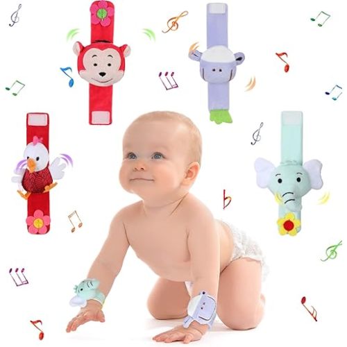 4 Pieces Baby Wrist Rattles Animal Pattern Newborn Foot Rattles Toy for 0-12 Months Babies Boy Girl Infant Birthday Gifts Educational Toys, 4 Designs (Sheep, Dog, Chick, Monkey)