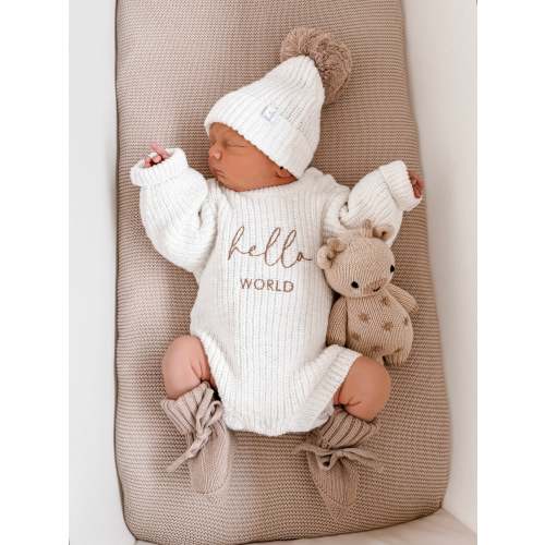 Set | Hello World Chunky Knit Baby Romper & Booties & Hat | Ivory & Cocoa | PRE-ORDER (EST DISPATCH: MID AUGUST)